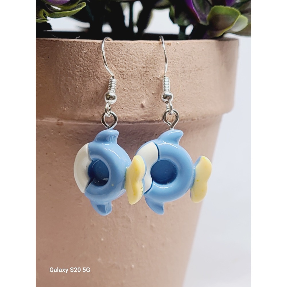 Blue Dolphin Life Ring Resin Drop Earrings Silver Tone Hooks Ocean Theme Kawaii - Picture 4 of 7